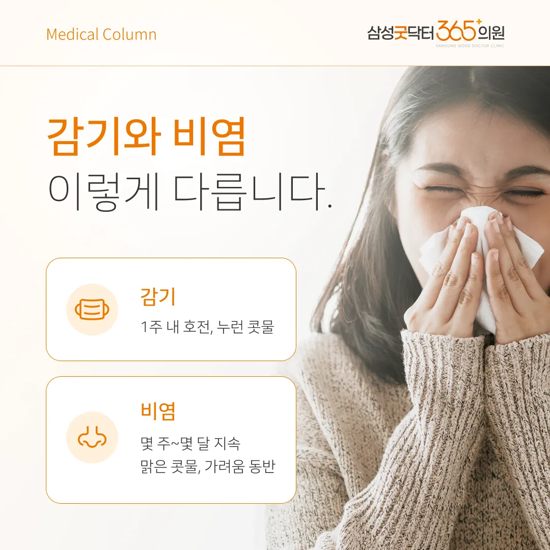 감기와 알레르기 비염 증상 비교 표 — 기간, 콧물 색, 발열, 가려움 차이